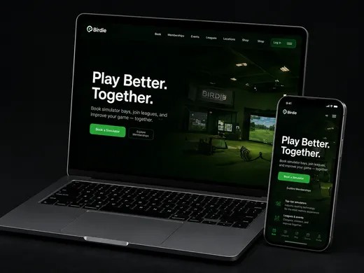 Indoor golf facility brand identity and launch strategy including website design, pricing structure, membership offers, and opening day marketing plan