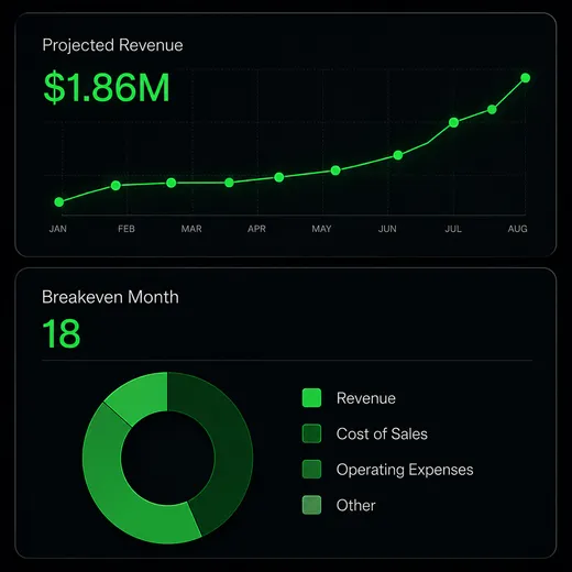 Indoor golf facility pro forma financial projections showing revenue assumptions, utilization rates, and breakeven analysis