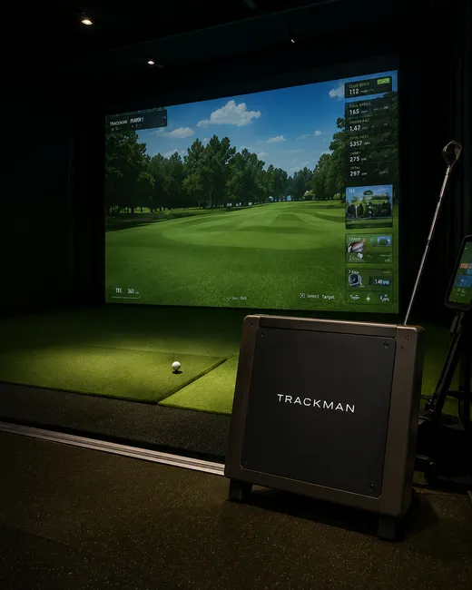 Indoor golf simulator equipment package featuring launch monitors, projectors, impact screens, and full bay technology setup